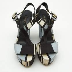 Dolce & Gabbana Tri Color Printed Fabric T-Strap Wedge Sandals Size 39.5