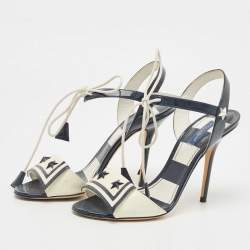 Pre Owned Dolce & Gabbana Navy Blue/Off White Patent Leather Ankle Tie Sandals Size 38