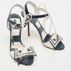 Pre Owned Dolce & Gabbana Navy Blue/Off White Patent Leather Ankle Tie Sandals Size 38