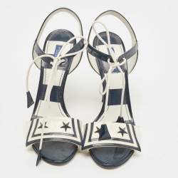 Pre Owned Dolce & Gabbana Navy Blue/Off White Patent Leather Ankle Tie Sandals Size 38