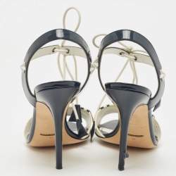 Pre Owned Dolce & Gabbana Navy Blue/Off White Patent Leather Ankle Tie Sandals Size 38