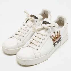 Pre Owned Dolce & Gabbana White Leather Studded Crown Portofino Sneakers Size 38