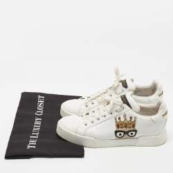 Pre Owned Dolce & Gabbana White Leather Studded Crown Portofino Sneakers Size 38