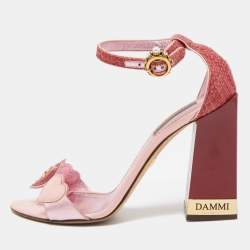 Pre Owned Dolce & Gabbana Two Tone Leather and Raffia DG Heart Ankle Strap Sandals Size 38.5