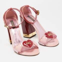 Pre Owned Dolce & Gabbana Two Tone Leather and Raffia DG Heart Ankle Strap Sandals Size 38.5