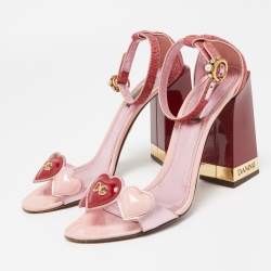 Pre Owned Dolce & Gabbana Two Tone Leather and Raffia DG Heart Ankle Strap Sandals Size 38.5