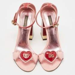 Pre Owned Dolce & Gabbana Two Tone Leather and Raffia DG Heart Ankle Strap Sandals Size 38.5