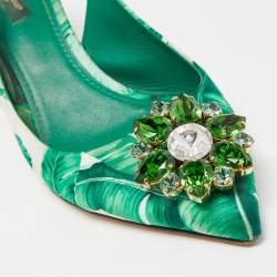 Pre Owned Dolce & Gabbana Green/White Leaf Print Satin Bellucci Slingback Pumps Size 39.5