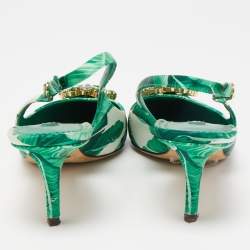 Pre Owned Dolce & Gabbana Green/White Leaf Print Satin Bellucci Slingback Pumps Size 39.5