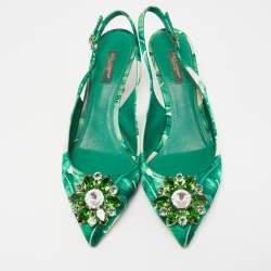 Pre Owned Dolce & Gabbana Green/White Leaf Print Satin Bellucci Slingback Pumps Size 39.5