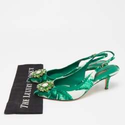 Pre Owned Dolce & Gabbana Green/White Leaf Print Satin Bellucci Slingback Pumps Size 39.5