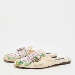 Pre Owned Dolce & Gabbana Cream Floral Print Fabric Flat Mules Size 39