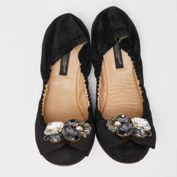 Pre Owned Dolce & Gabbana Black Suede Crystal Embellished Bow Scrunch Ballet Flats Size 36