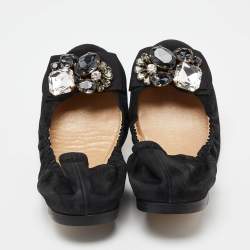 Pre Owned Dolce & Gabbana Black Suede Crystal Embellished Bow Scrunch Ballet Flats Size 36