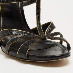 Pre Owned Dolce & Gabbana Black Lizard Embossed Leather T Strap Sandals Size 41 