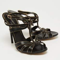 Pre Owned Dolce & Gabbana Black Lizard Embossed Leather T Strap Sandals Size 41 