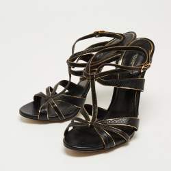 Pre Owned Dolce & Gabbana Black Lizard Embossed Leather T Strap Sandals Size 41 