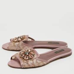 Pre Owned Dolce & Gabbana Purple Lace and Satin Bianca Crystal Embellished Flat Slides Size 39