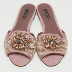 Pre Owned Dolce & Gabbana Purple Lace and Satin Bianca Crystal Embellished Flat Slides Size 39