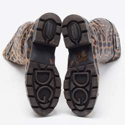 Pre Owned Dolce & Gabbana Brown Coated Canvas Leopard Print Knee Length Boots Size 36