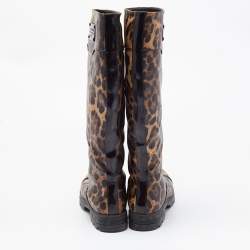 Pre Owned Dolce & Gabbana Brown Coated Canvas Leopard Print Knee Length Boots Size 36