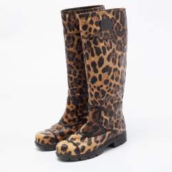 Pre Owned Dolce & Gabbana Brown Coated Canvas Leopard Print Knee Length Boots Size 36