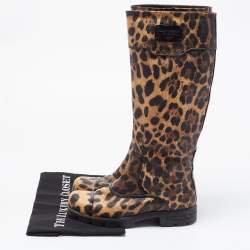 Pre Owned Dolce & Gabbana Brown Coated Canvas Leopard Print Knee Length Boots Size 36