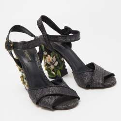 Pre Owned Dolce & Gabbana Black Raffia Crystal Embellished Block Heel Sandals Size 38.5