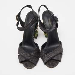 Pre Owned Dolce & Gabbana Black Raffia Crystal Embellished Block Heel Sandals Size 38.5