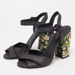 Pre Owned Dolce & Gabbana Black Raffia Crystal Embellished Block Heel Sandals Size 38.5