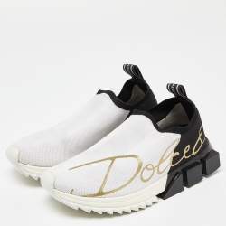 Pre Owned Dolce & Gabbana White/Black Knit Fabric Sorrento Slip-On Sneakers Size 36
