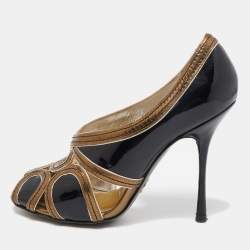 Dolce & Gabbana Black/Metallic Patent and Leather Cut Out Peep Toe Pumps Size 36.5