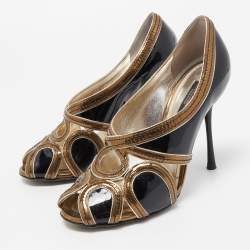 Dolce & Gabbana Black/Metallic Patent and Leather Cut Out Peep Toe Pumps Size 36.5