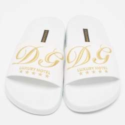 Pre Owned Dolce & Gabbana White Rubber Embroidered DG Slides Size 36