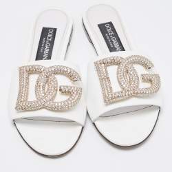 Pre Owned Dolce & Gabbana White Leather DG Logo Crystals Slide Flats Size 37
