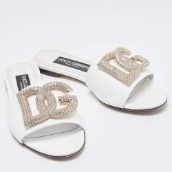 Pre Owned Dolce & Gabbana White Leather DG Logo Crystals Slide Flats Size 37