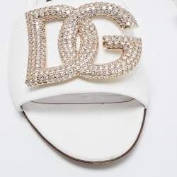Pre Owned Dolce & Gabbana White Leather DG Logo Crystals Slide Flats Size 37