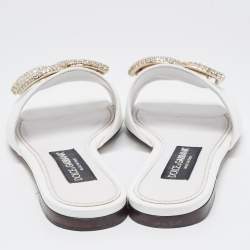 Pre Owned Dolce & Gabbana White Leather DG Logo Crystals Slide Flats Size 37