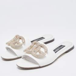 Pre Owned Dolce & Gabbana White Leather DG Logo Crystals Slide Flats Size 37