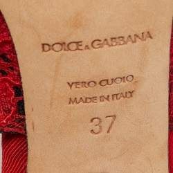 Pre Owned Dolce & Gabbana Red Lace and Mesh Crystal Embellished Slingback Pumps Size 37