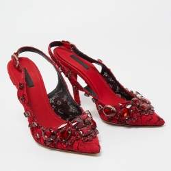Pre Owned Dolce & Gabbana Red Lace and Mesh Crystal Embellished Slingback Pumps Size 37