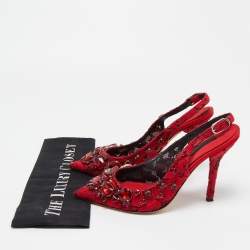 Pre Owned Dolce & Gabbana Red Lace and Mesh Crystal Embellished Slingback Pumps Size 37