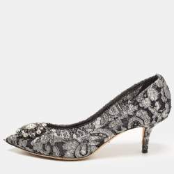 Pre Owned Dolce & Gabbana Silver/Black Mesh and Lace Bellucci Pumps Size 39