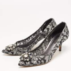Pre Owned Dolce & Gabbana Silver/Black Mesh and Lace Bellucci Pumps Size 39