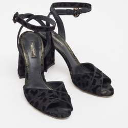 Dolce & Gabbana Black Leopard Print Glitter Fabric Ankle Strap Sandals Size 39.5