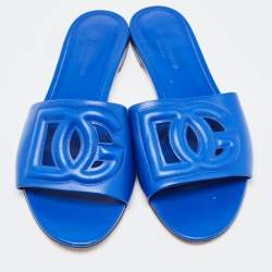 Pre Owned Dolce & Gabbana Blue Leather Flat Slides Size 38