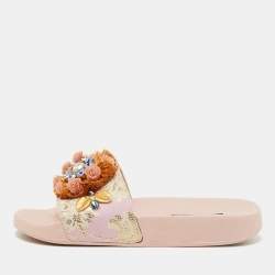 مملوكة مسبقًا Dolce Gabbana Pink Jacquard Fabric Embellished Slides Size 36