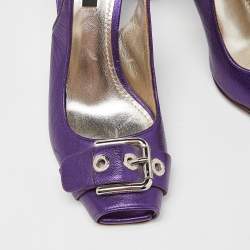 Pre Owned Dolce & Gabbana Metallic Purple Leather Buckle Detail Peep Toe Slingback Pumps Size 37