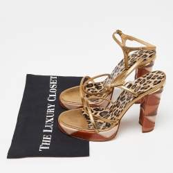 Pre Owned Dolce & Gabbana Gold Leather Platform Ankle Strap Sandals Size 38