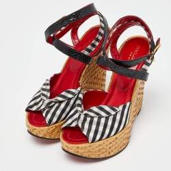 Pre Owned Dolce & Gabbana Black/White Checkered Fabric Ankle Wrap Wedge Sandals Size 38.5